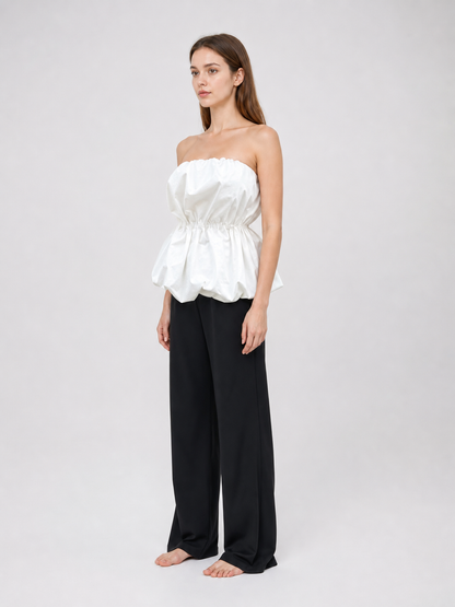White Strapless Bustier Top with Draped Peplum