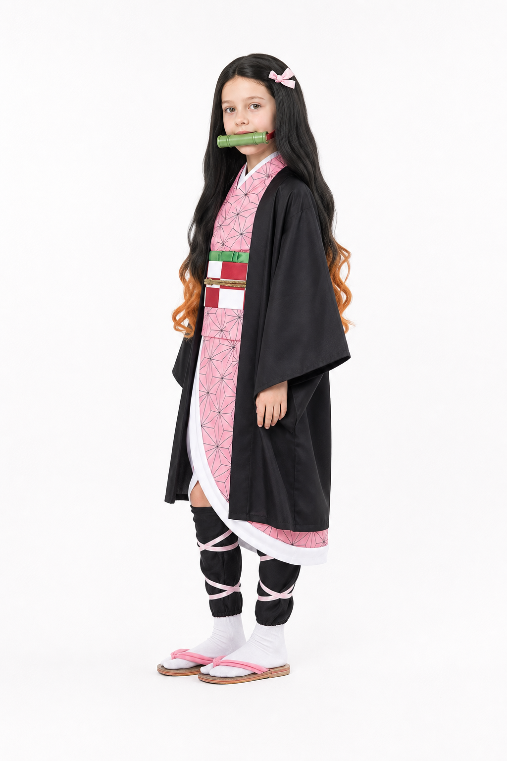 Kamado Nezuko Cosplay Costume with Cape and Wig side view