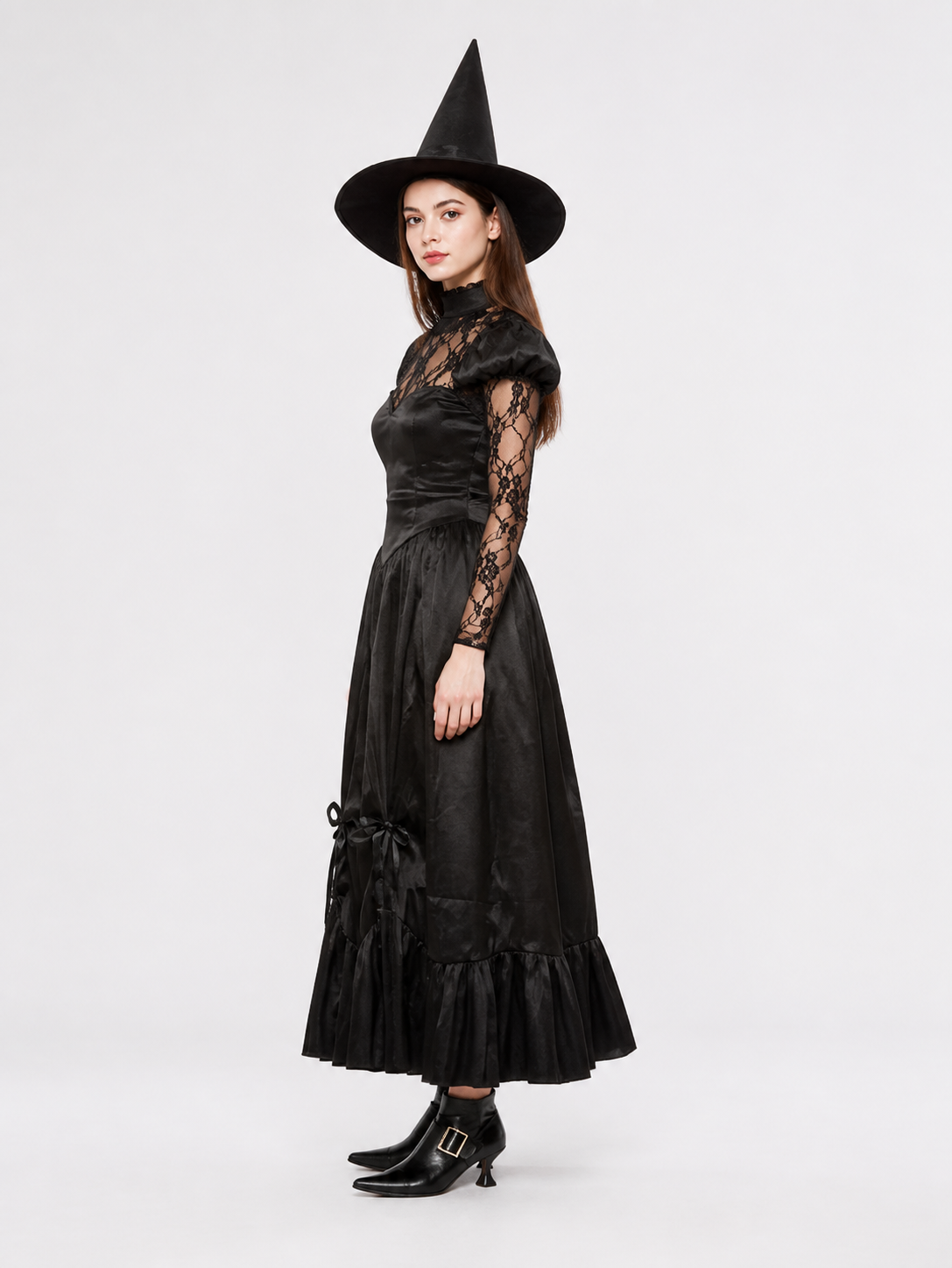 Black Witch Costume with Lace and Hat side view