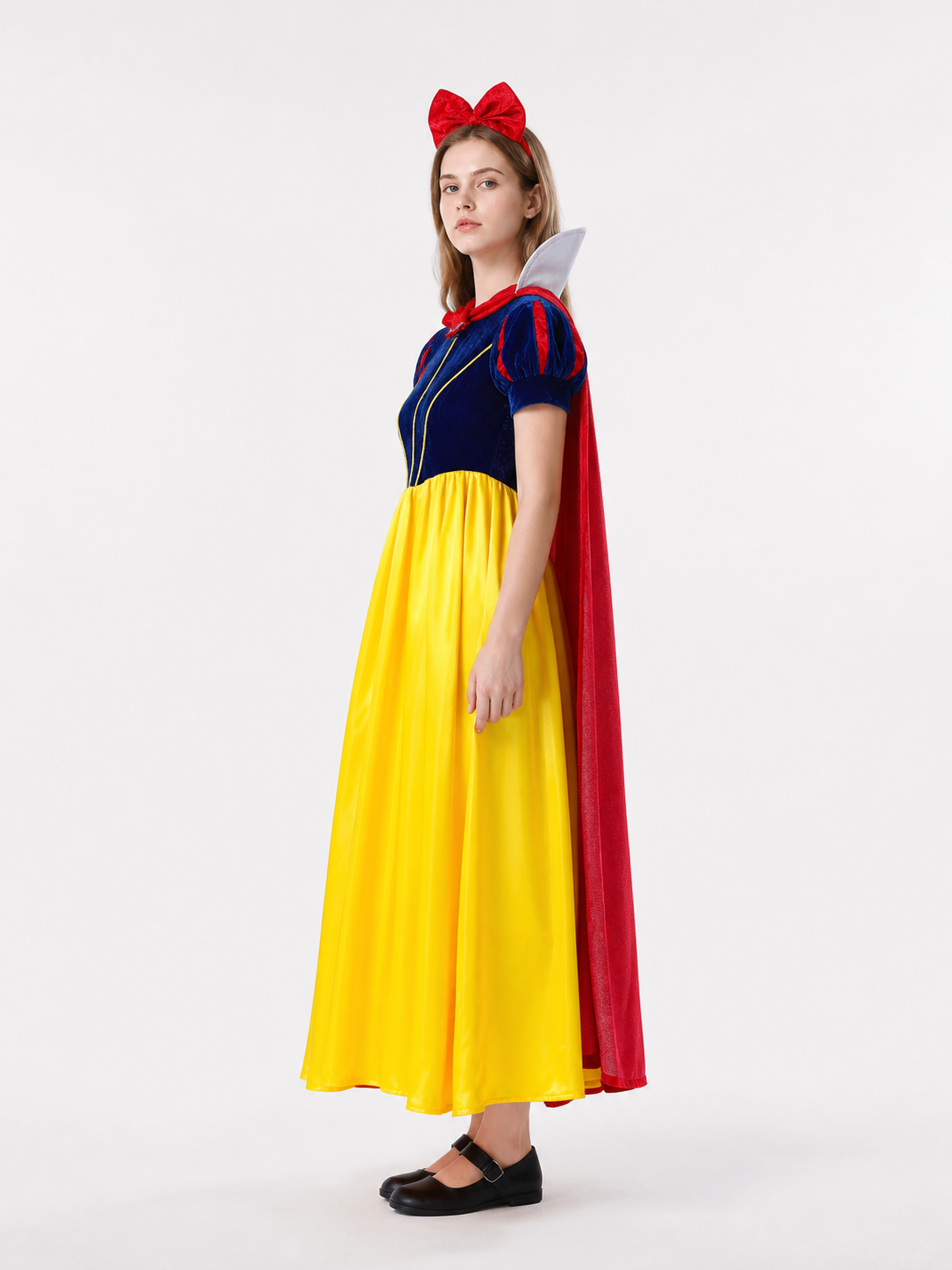 Snow White Costume with Red Cape and Yellow Dress side view