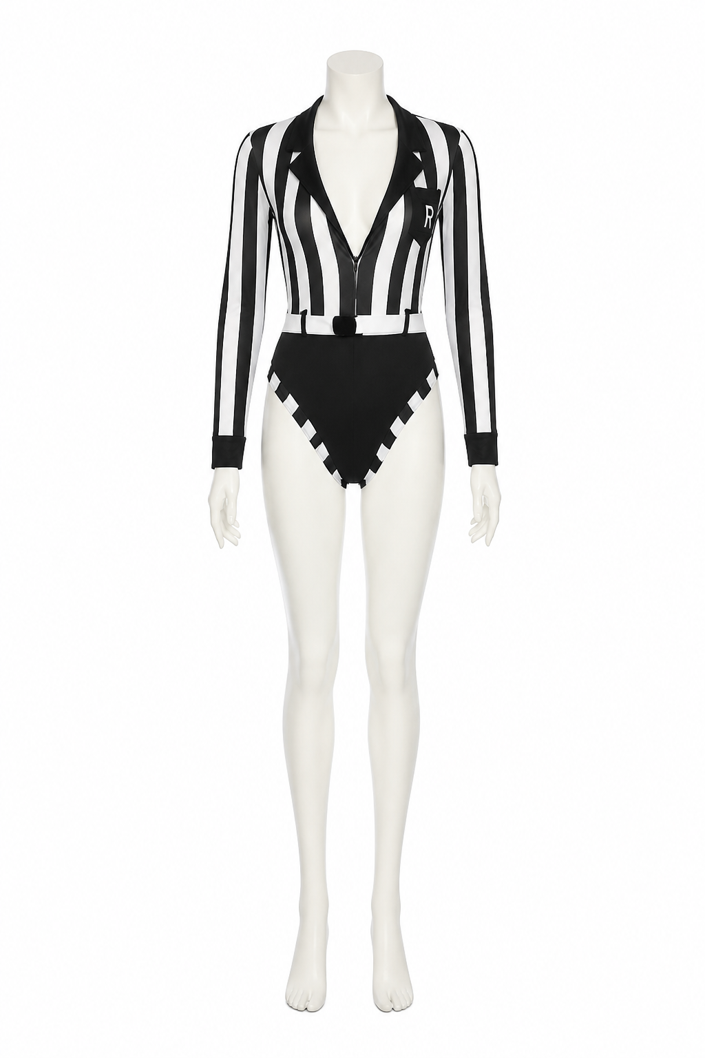 Black-and-White Jumpsuit with R Patch and Collar side view