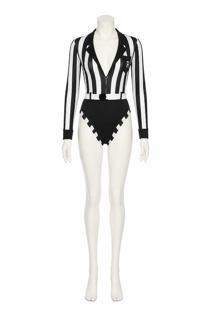 Black-and-White Jumpsuit with R Patch and Collar side view