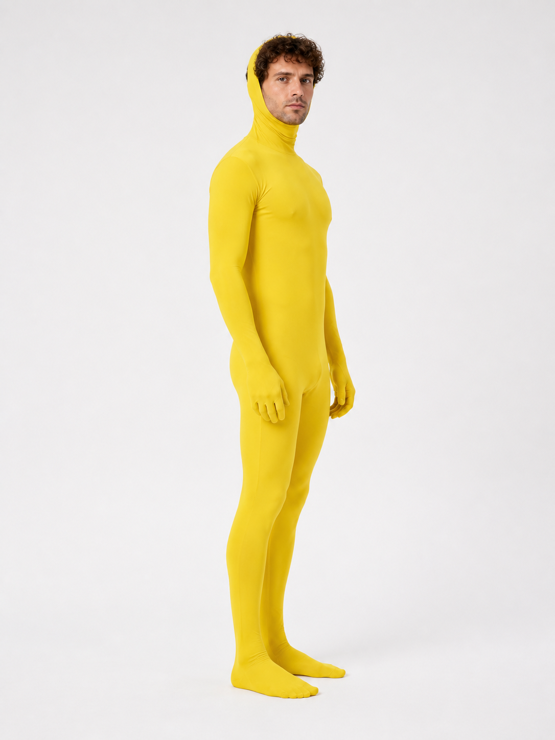 Yellow zentai jumpsuit with hood and gloves side view