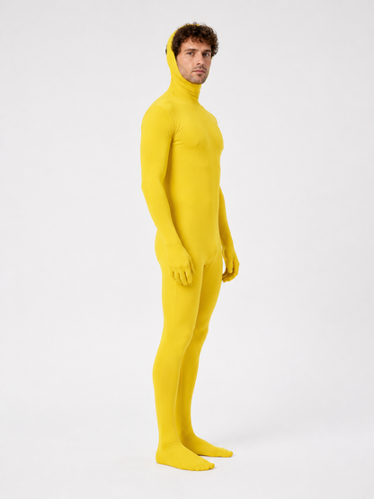 Yellow zentai jumpsuit with hood and gloves side view