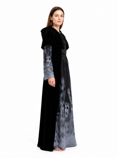 Black Halloween Dress with Cape and Ghost Print side view