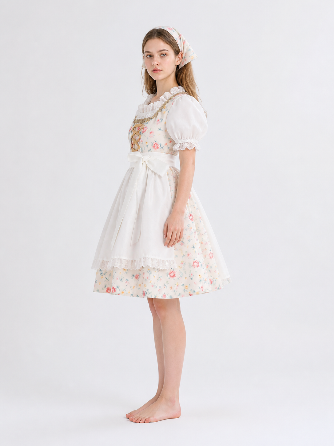 Floral Lace-Trimmed Dress with Apron and Headscarf side view