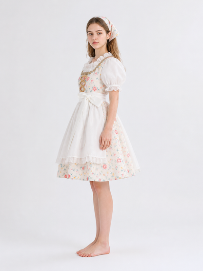 Floral Lace-Trimmed Dress with Apron and Headscarf side view