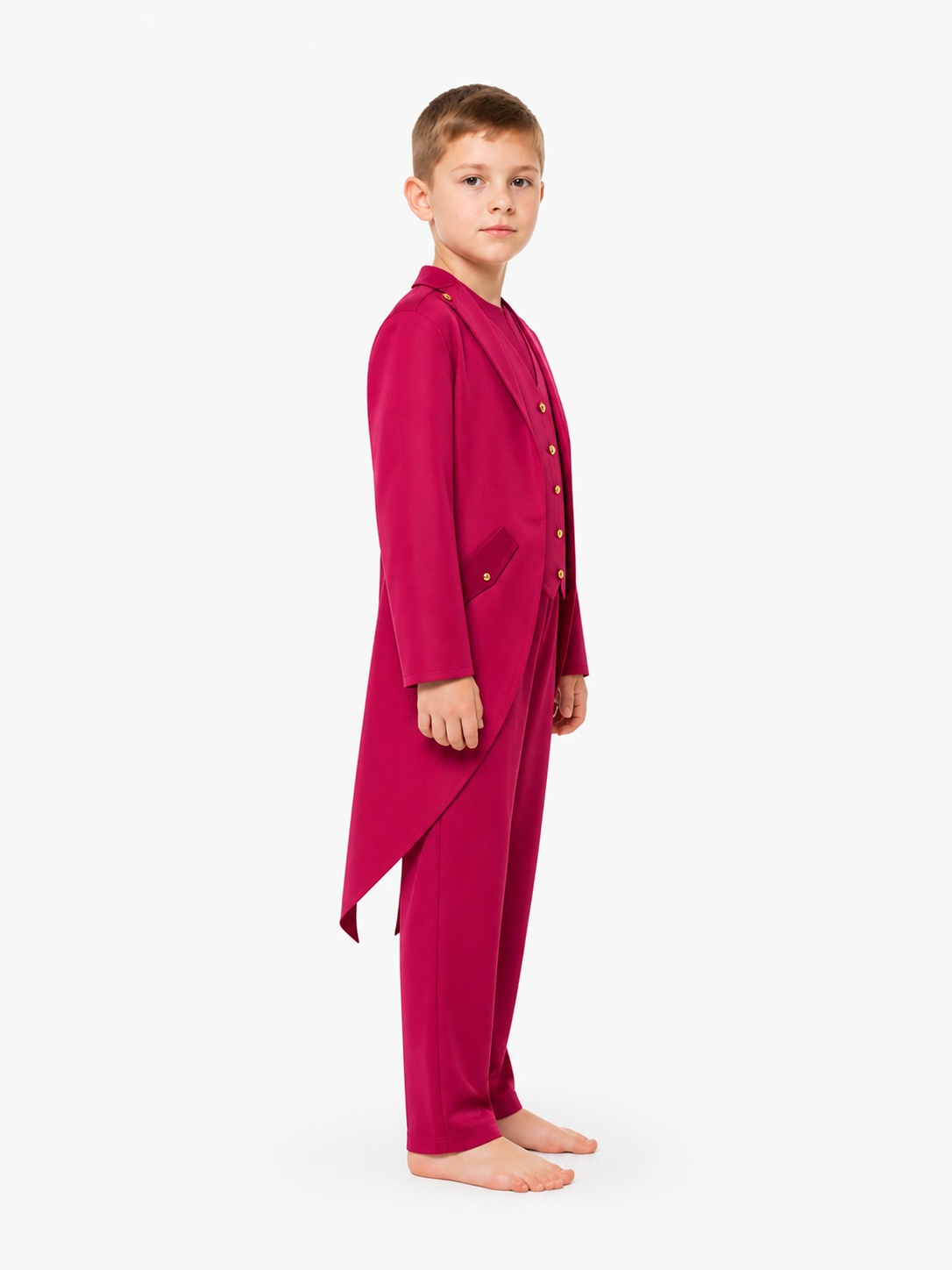 Men’s Burgundy Tailcoat with Lapels and Gold Buttons side view