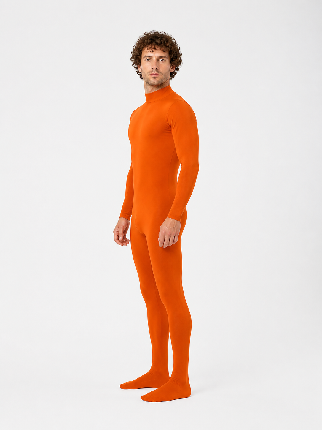 Orange Zentai Bodysuit, Form-Fitting, High Collar side view