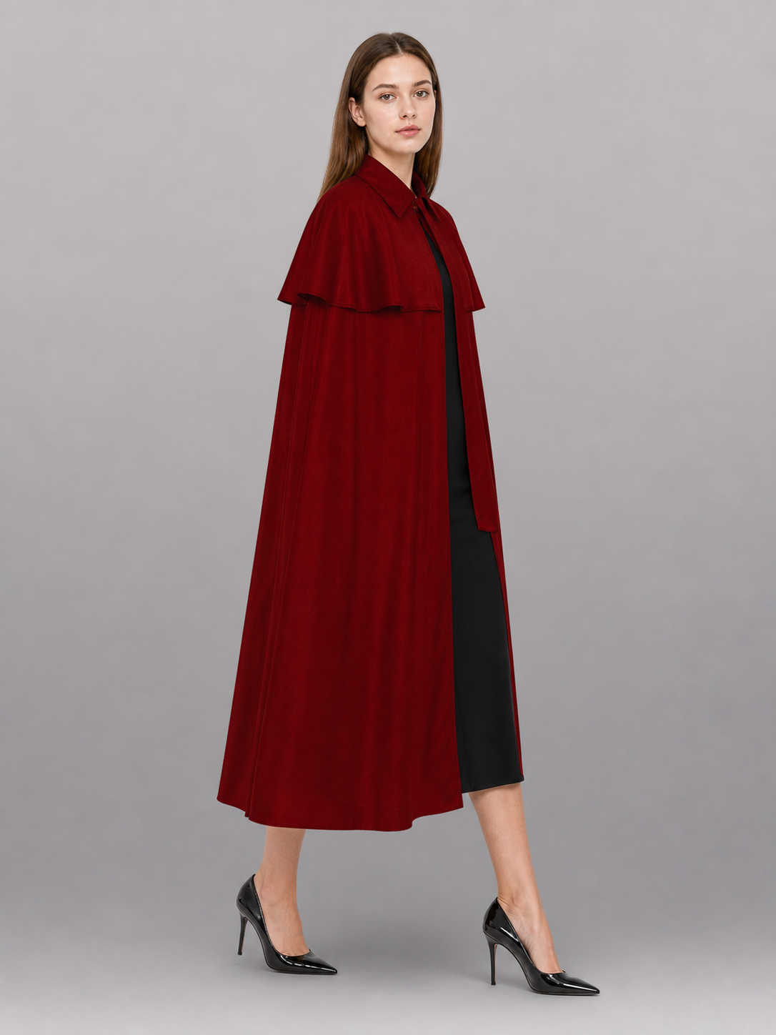 Burgundy Dress with a Collar and Flared Hem