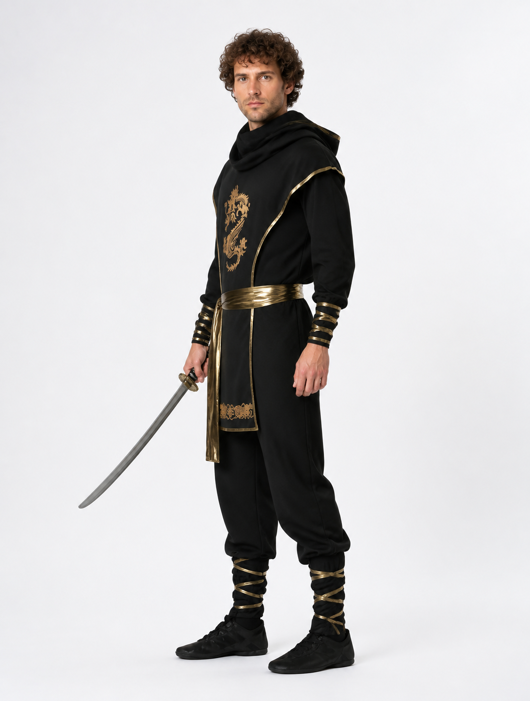 Black Ninja Costume with a Golden Dragon and Hood side view