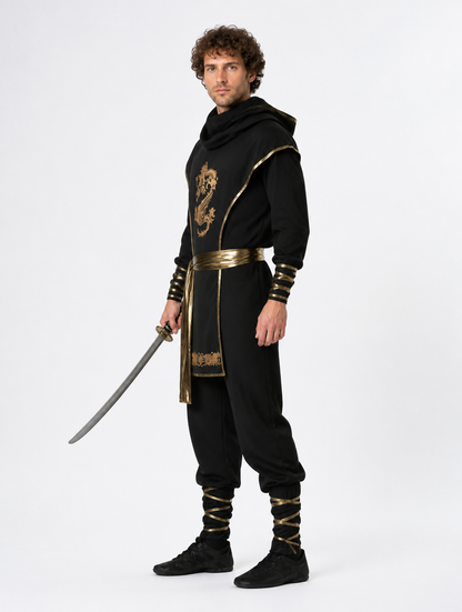 Black Ninja Costume with a Golden Dragon and Hood side view
