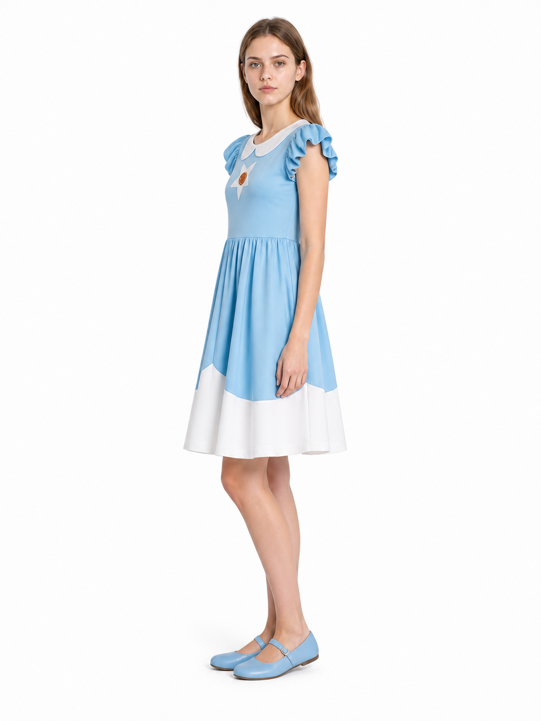 Blue Cosplay Dress with White Star and Ruffles side view