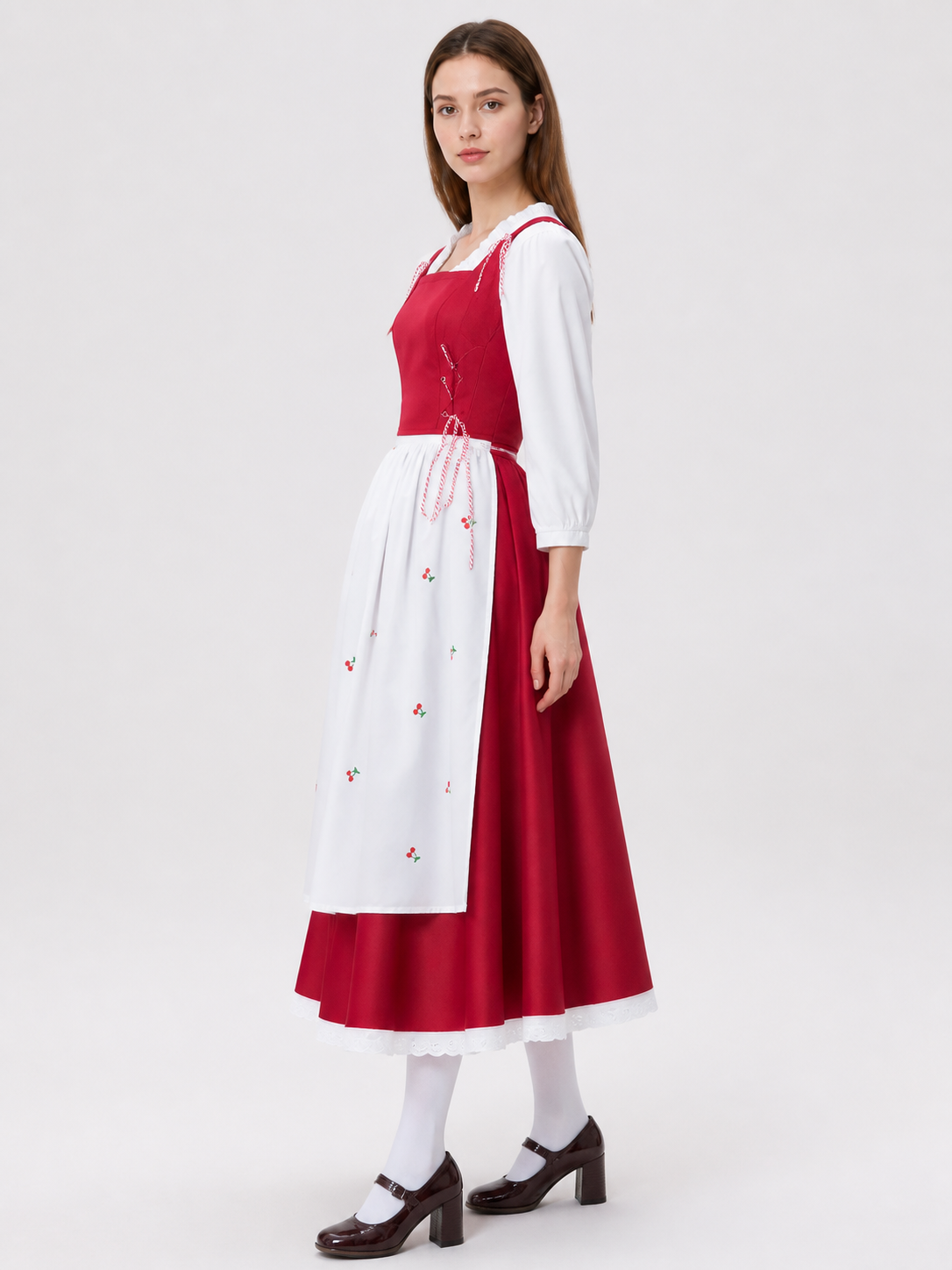 Dress with Apron and Cherry Print, Long Sleeves side view