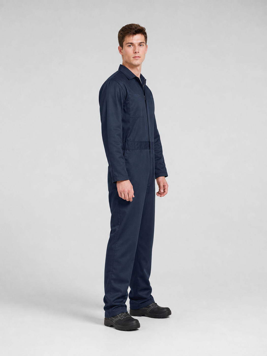 Blue Jumpsuit with Zipper and Notched Collar side view