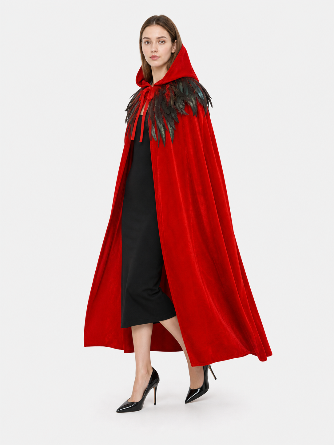 Red hooded feather-trimmed cape product view 19