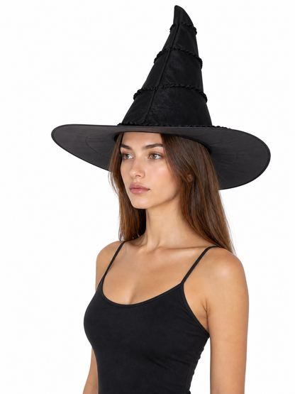 Black Halloween Witch Hat With Glossy Surface, Tall Pointed Crown And Wide Floppy Brim For Witch Cosplay Costume Party Accessory