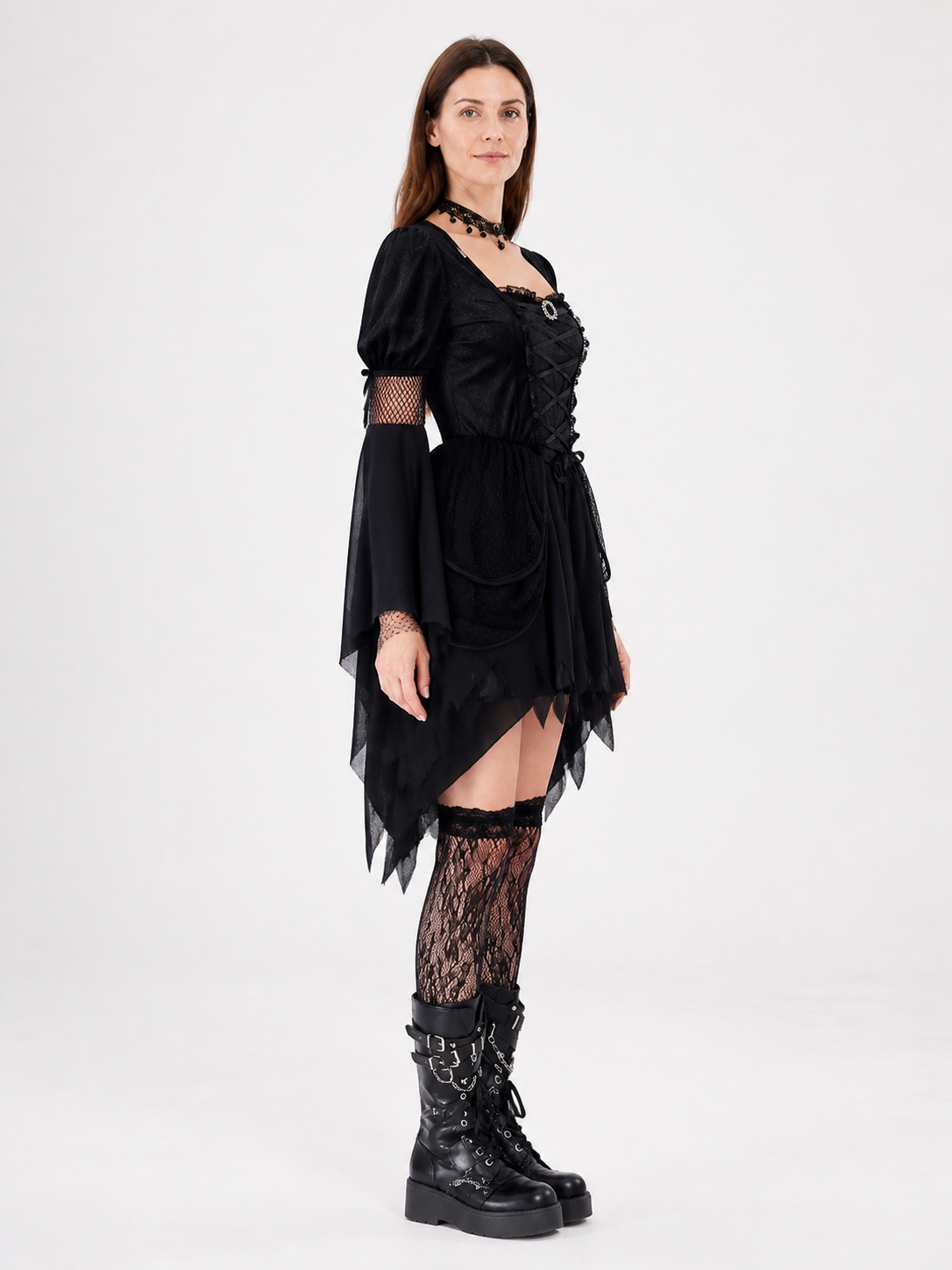 Black Gothic Dress with Asymmetrical Hem and Accessories side view
