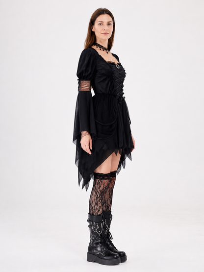 Black Gothic Dress with Asymmetrical Hem and Accessories side view