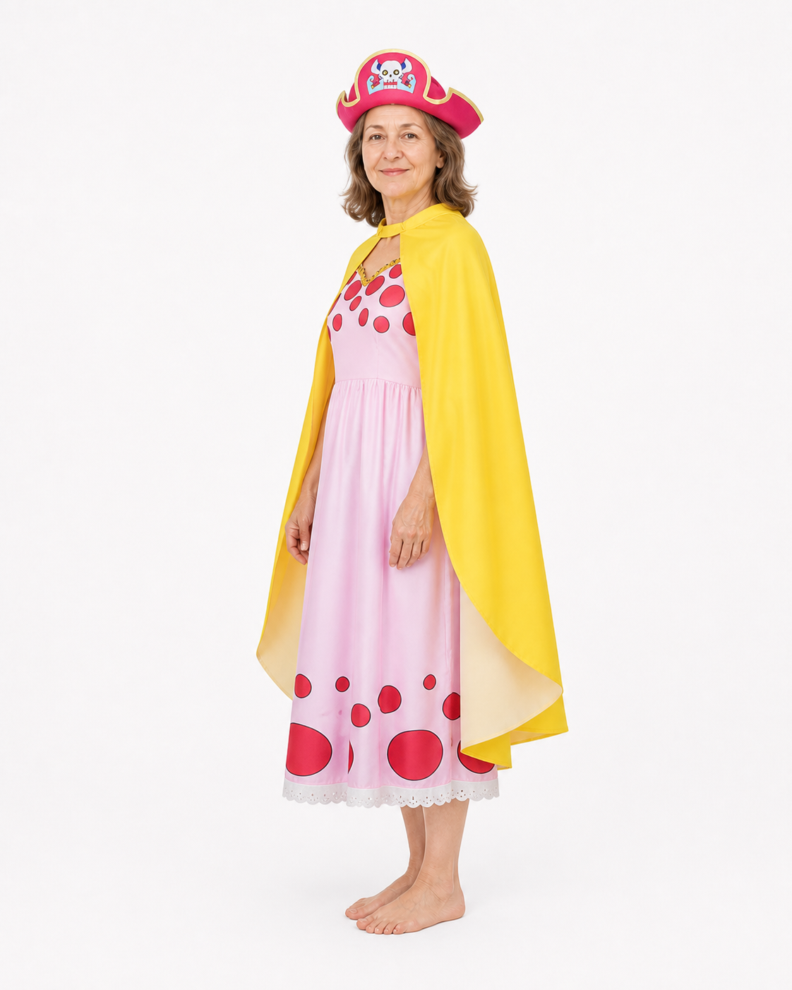 Pirate Cosplay Costume with Dress, Cape, and Hat side view