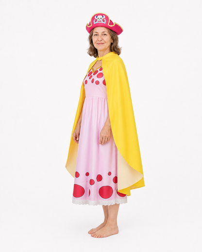 Pirate Cosplay Costume with Dress, Cape, and Hat side view