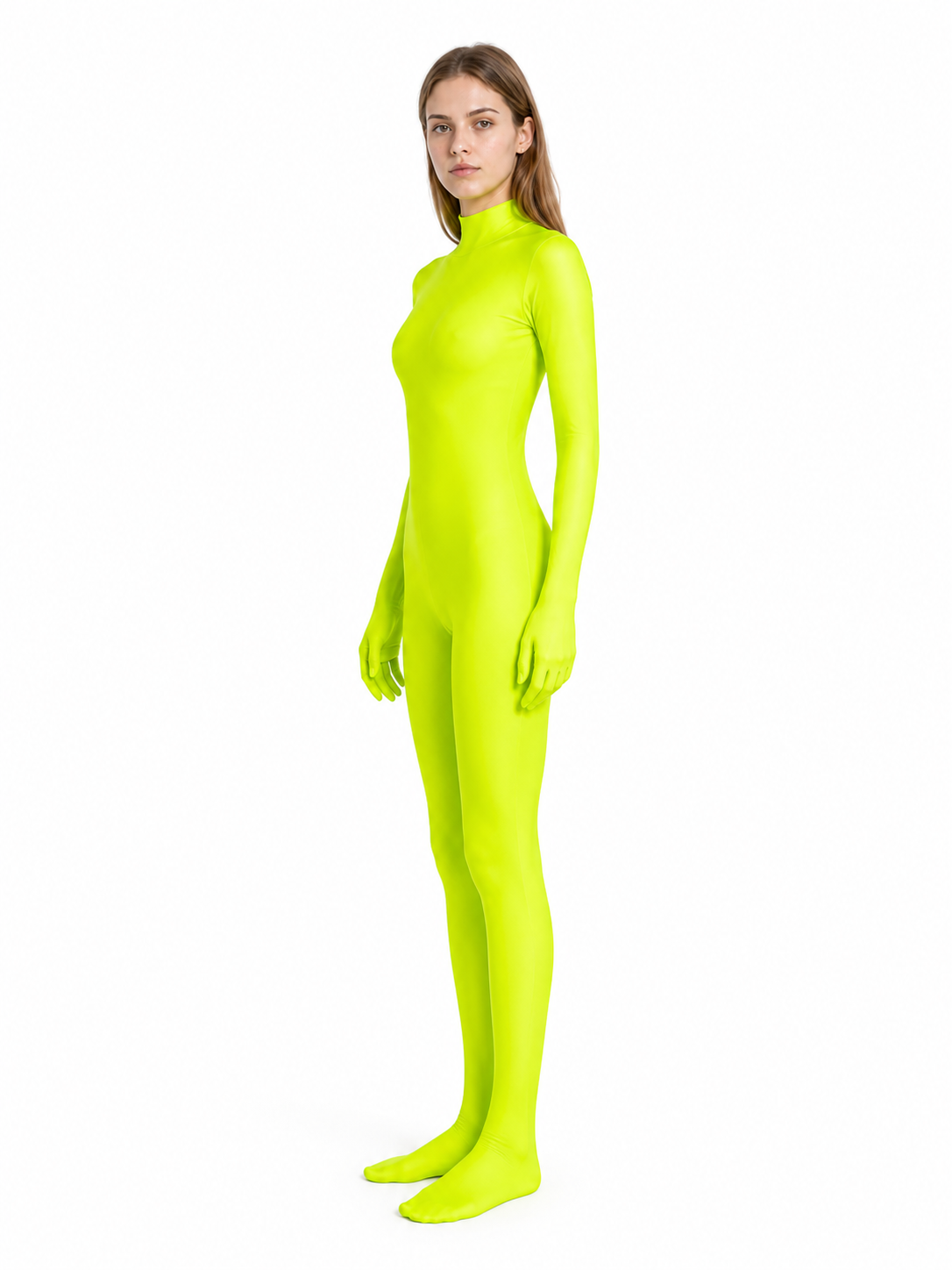 Hooded Zentai bodysuit, yellow-green side view