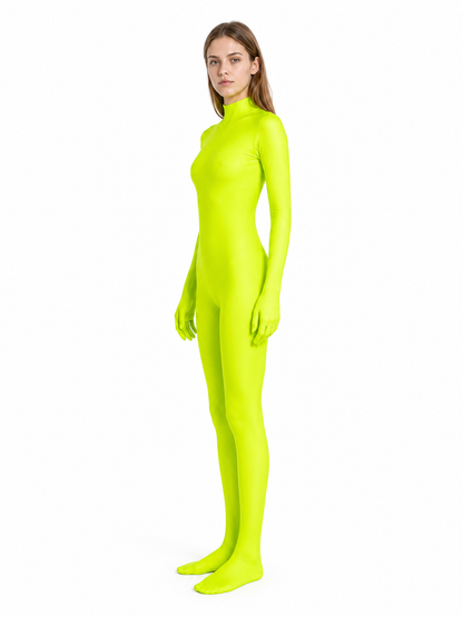 Hooded Zentai bodysuit, yellow-green side view