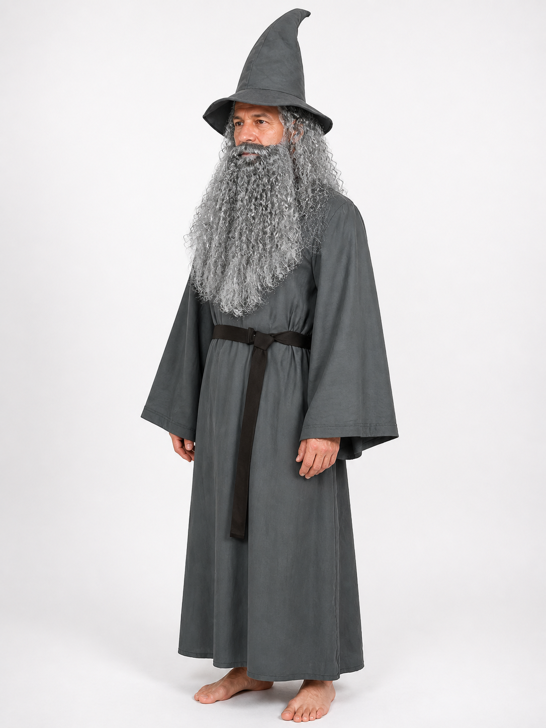 Adult Halloween Wizard Costume Set - 5Pcs Long Sleeve Robe, Curved Hat, Belt side view