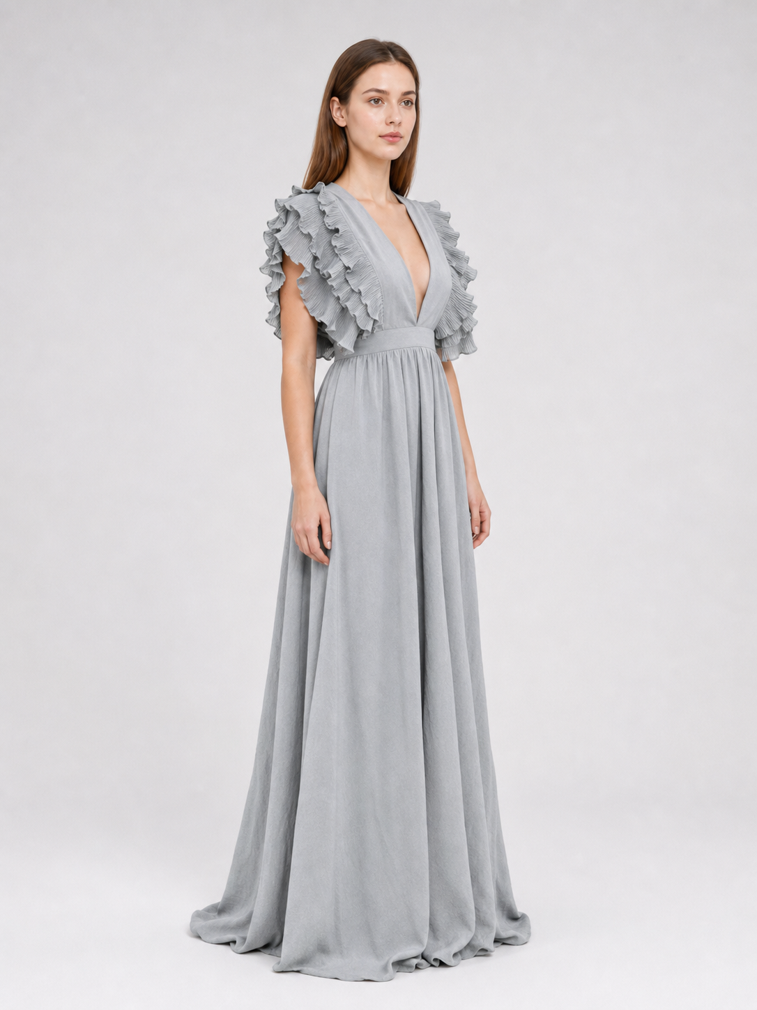 Long Evening Dress with a Deep V-Neckline
