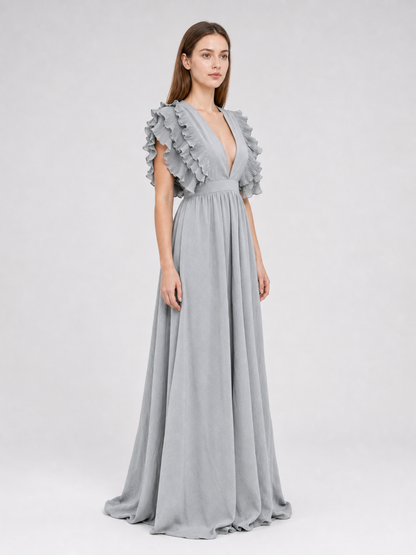 Long Evening Dress with a Deep V-Neckline