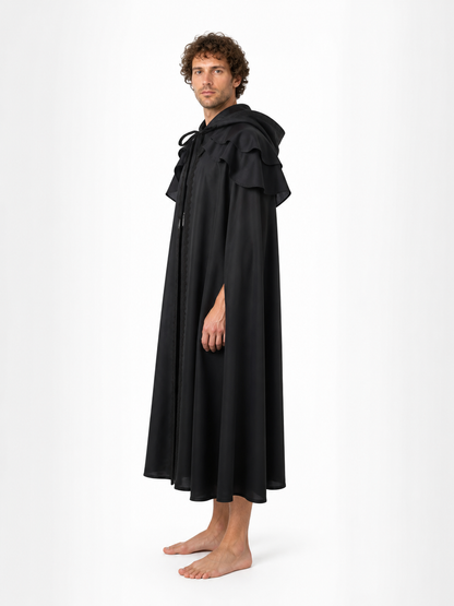 Black Medieval Hooded Cape with Ruffles side view