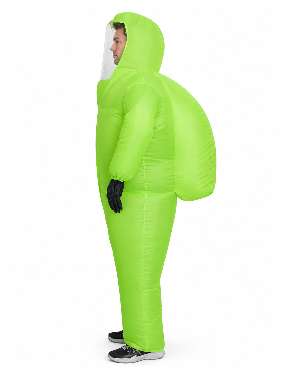 Bright green inflatable costume with hood and clear window