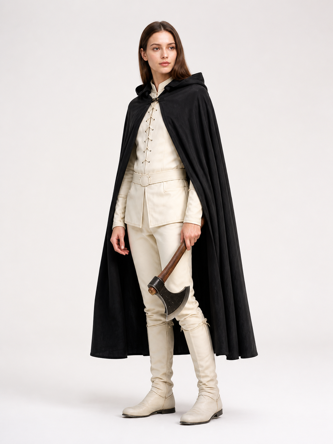 Black Long Hooded Cotton-Linen Cloak side view 3