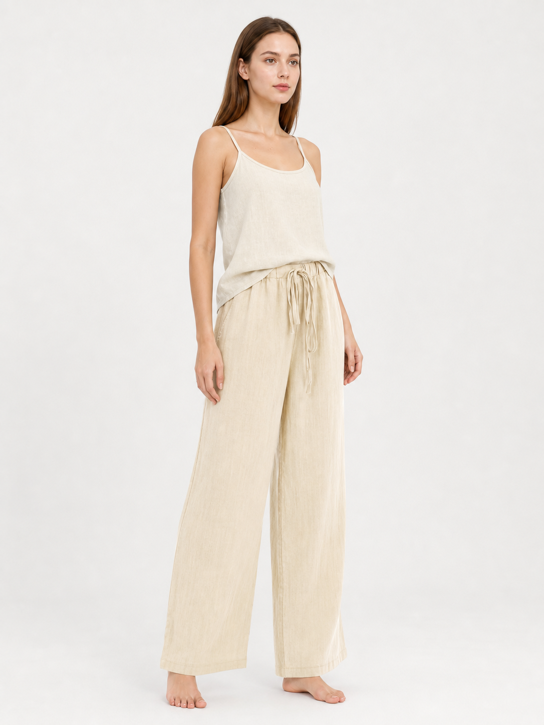 Beige Wide-Leg Pants with an Elastic Waistband and Drawstring side view 2