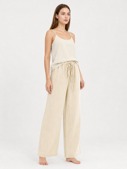 Beige Wide-Leg Pants with an Elastic Waistband and Drawstring side view 2