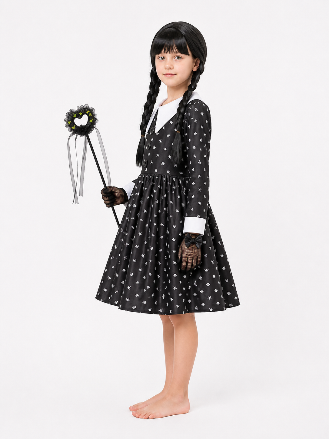 Children's Witch Costume with Skull-Print Dress side view