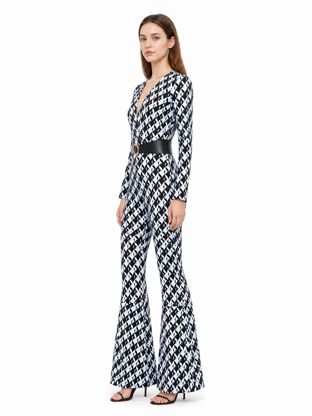 Black-and-White Jumpsuit with Geometric Print and Belt side view