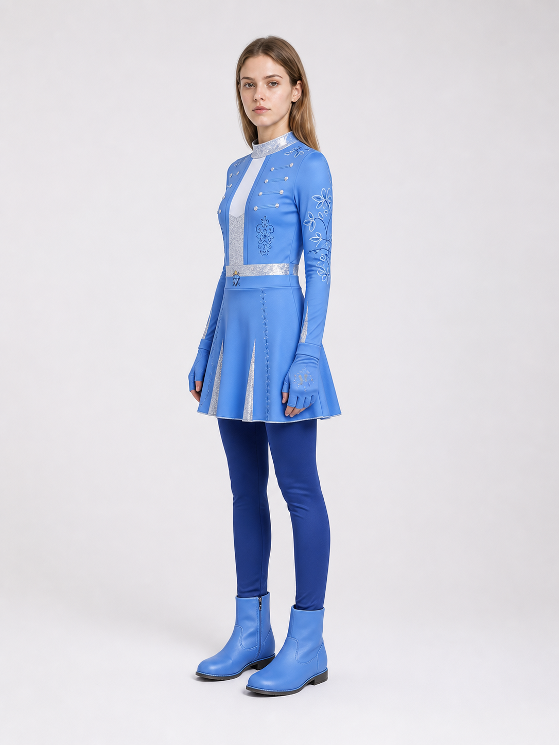 Children’s blue carnival costume with a white collar side view