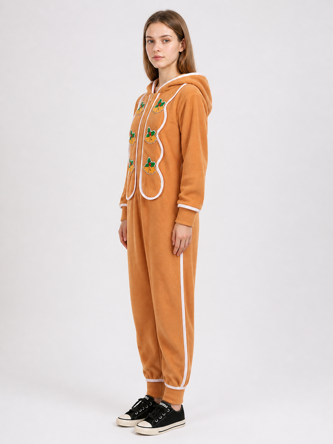 Christmas Jumpsuit with Hood and Gingerbread Print side view