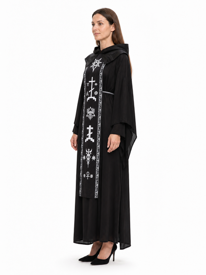 Hooded wizard's robe with white symbols, Halloween, unisex side view