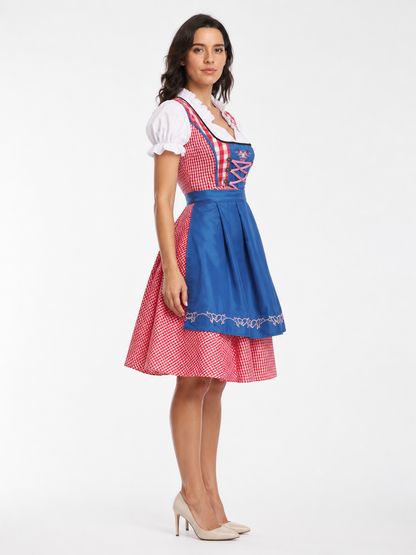 Bavarian Red Plaid Dirndl Dress with Apron side view