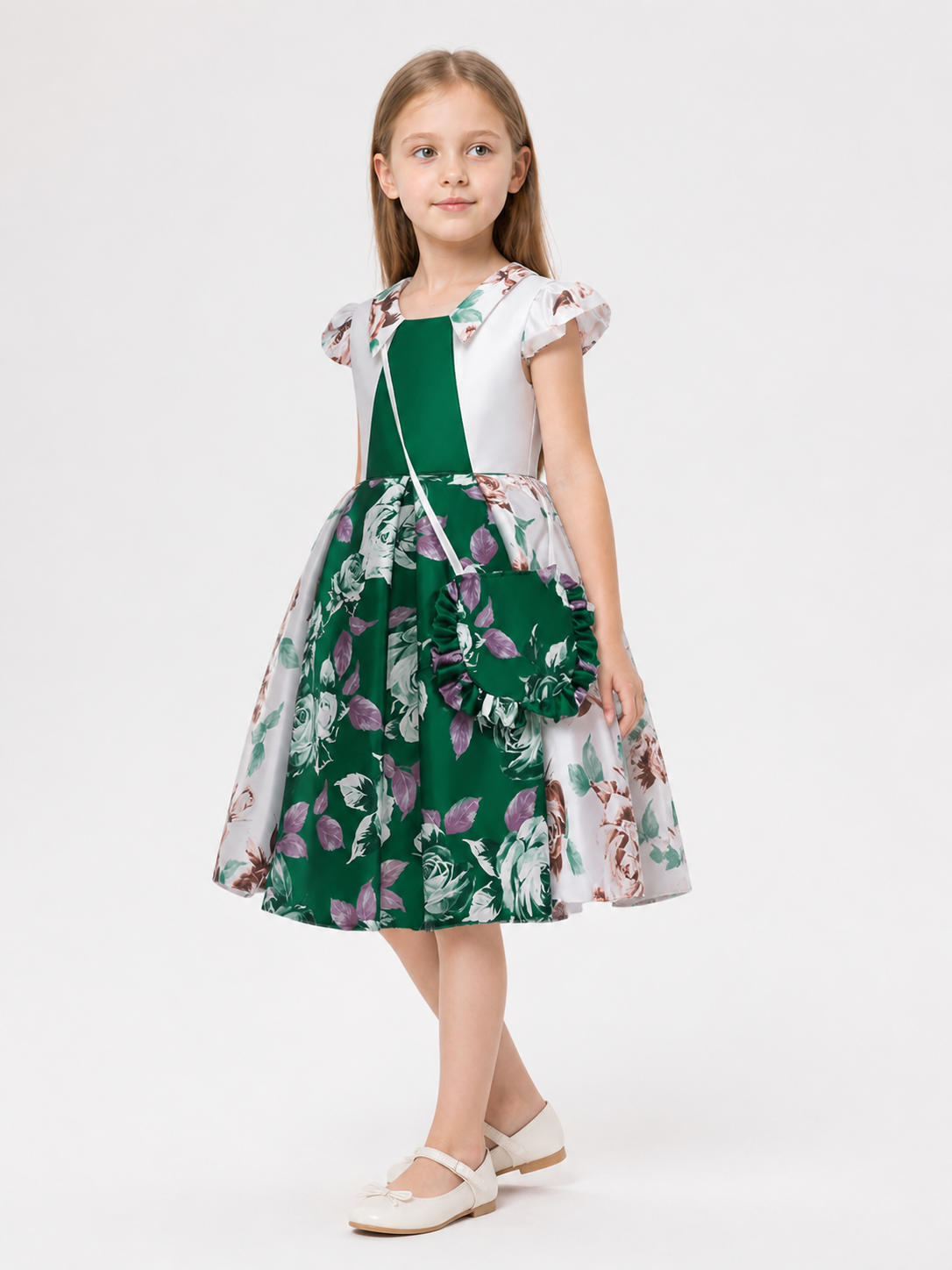 Dark Green Dress: Flutter Sleeves, Full Skirt side view