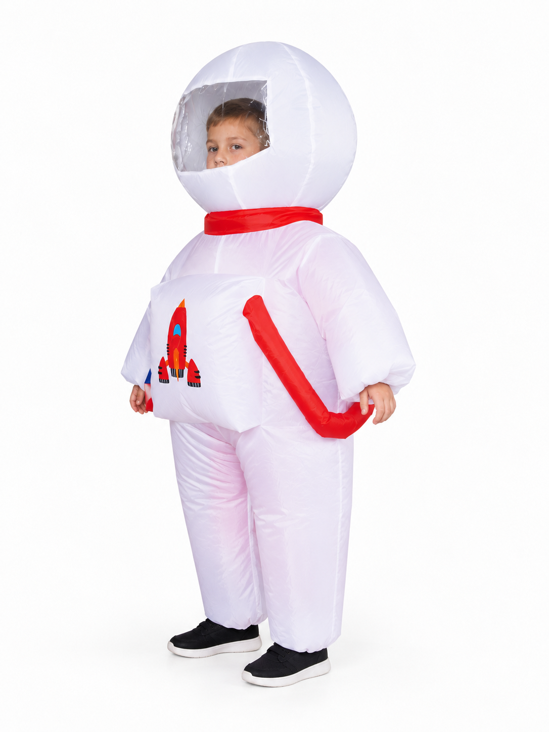Inflatable astronaut costume for kids with helmet and rocket print