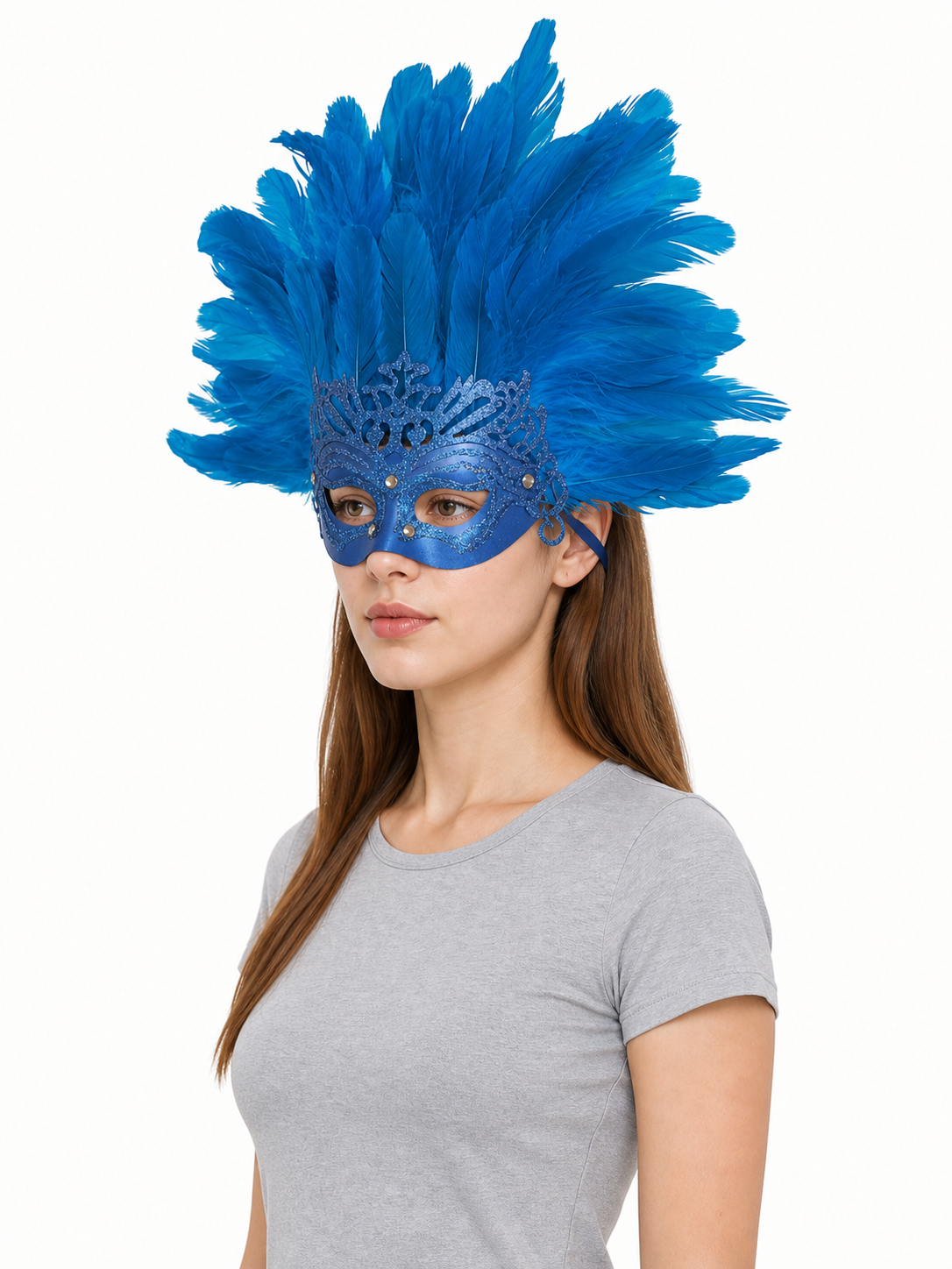 Carnival Mask with Blue Feathers and Glitter