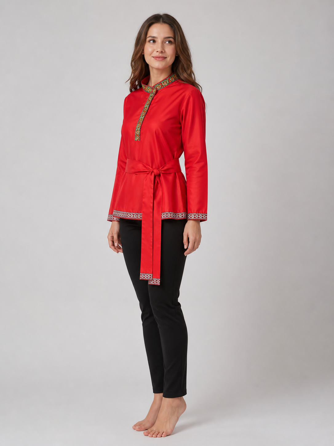 Red Tunic with Ornament, Stand-Up Collar, and Belt