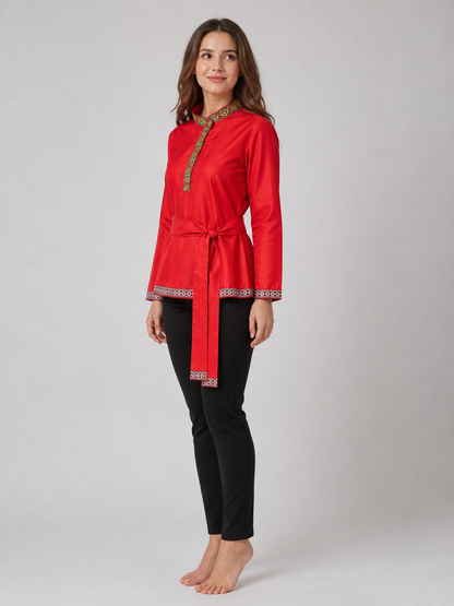 Red Tunic with Ornament, Stand-Up Collar, and Belt