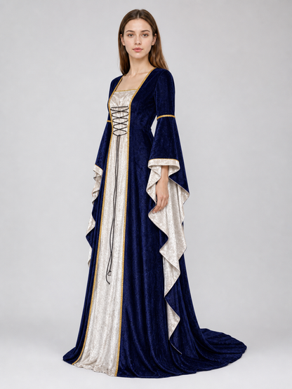 Gothic medieval-style dress made of textile fabric, featuring a floor-length design with a full skirt and flared sleeves. The sleeves are accented with tiered ruffles that emphasize the costume’s historical character. The main color is deep