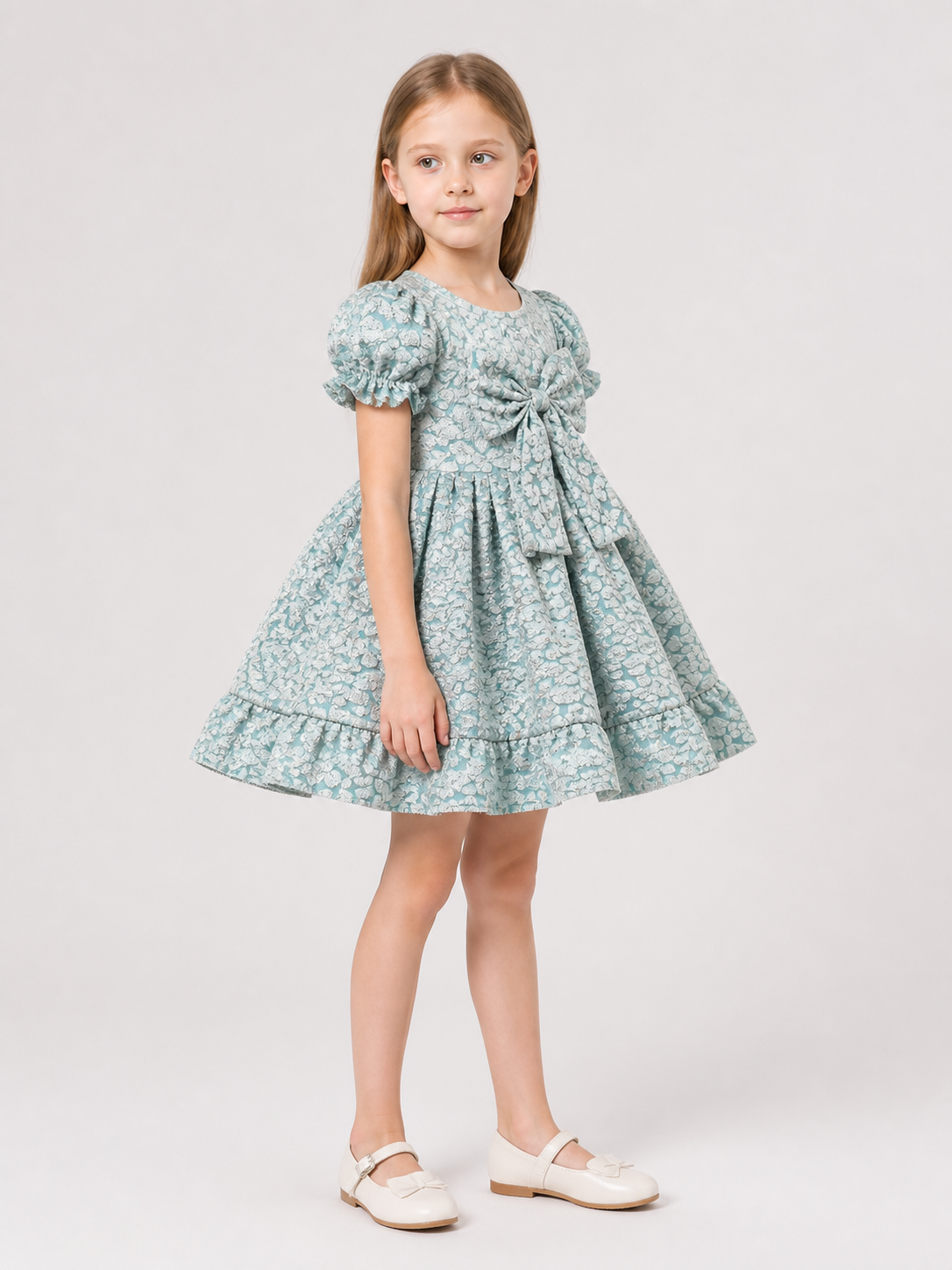 Gray-Blue Princess Dress with a Full Skirt and Bow side view