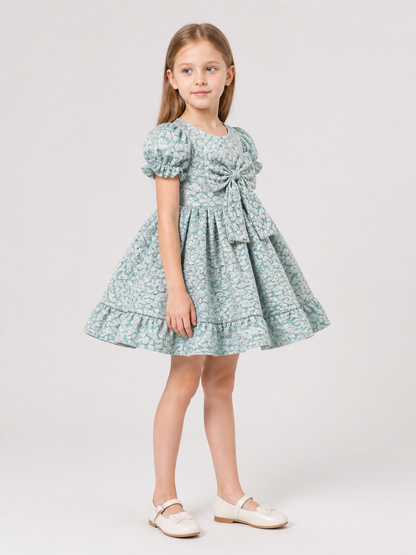 Gray-Blue Princess Dress with a Full Skirt and Bow side view