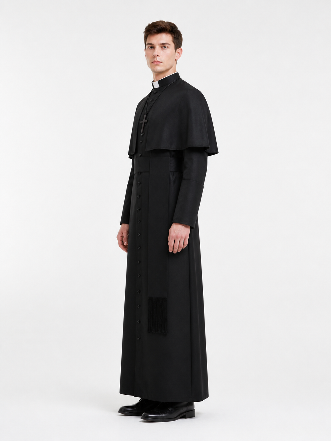 Long Black Cassock with a Cross and White Collar side view